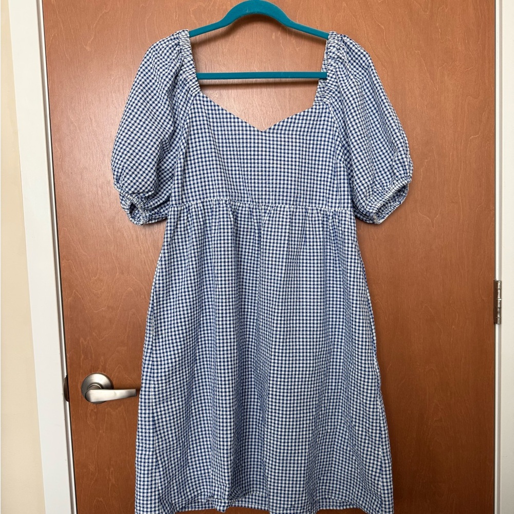 Old Navy Blue & White Gingham Puff-Sleeve Midi Dress